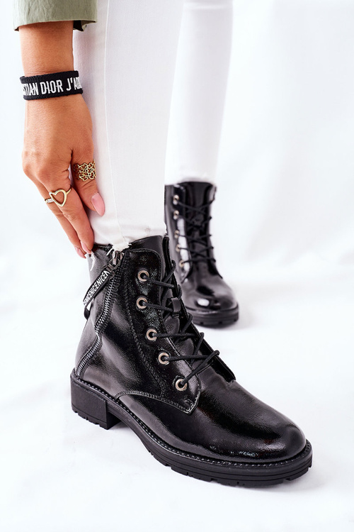 Women's Flat Boots Workers Lacquered Black Goorey
