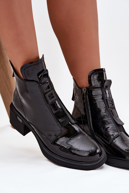 Botki Damskie Skórzane Lakierowane Obcas Klocek Tłoczenie Czarne Lorenza