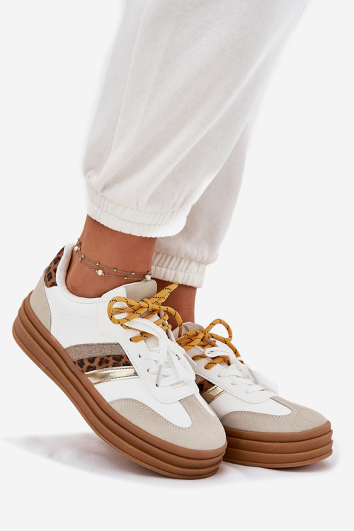 Womens Platform Sneakers With Double Lacing Leopard Print White Niteria