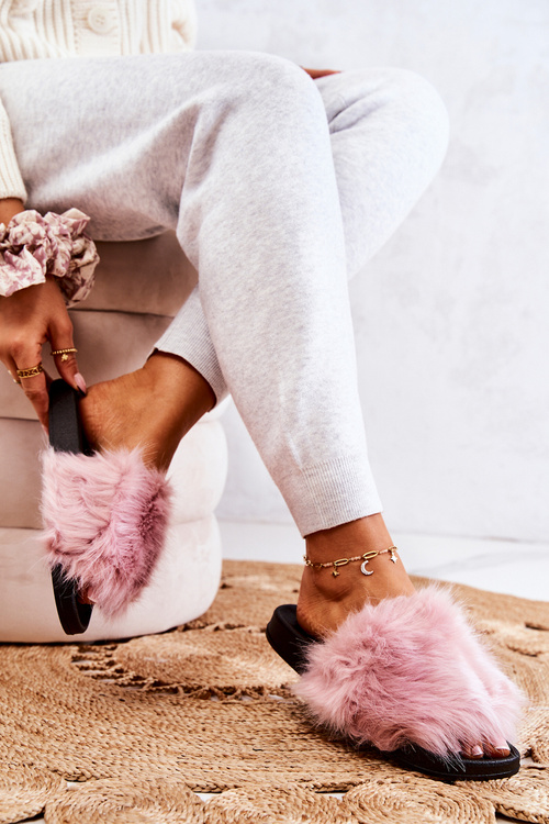 Klapki Futrzane Gumowe Gruba Podeszwa Różowe Pollie