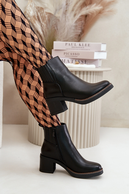 Damskie Ocieplane Botki Eko Skórzane Na Słupku Czarne Irittes