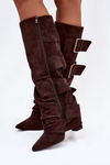 Women's High Heel Boots with Turned Top and Gold Clamps Eco Suede Chocolate Isavelle