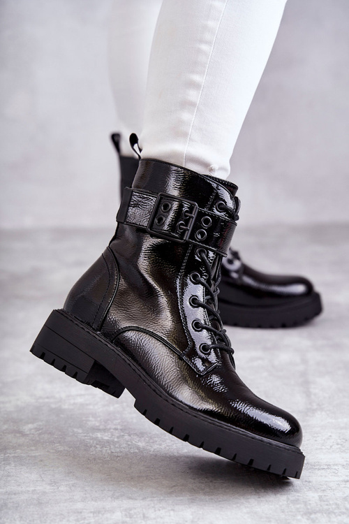Women's Lace-up Laquered Flat Heel Boots Black Firmina