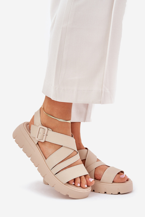 Women's Leather Platform Sandals With Buckle Beige Selianae
