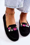 Mokasyny Damskie Zamsz Ozdoby Czarne Janetta