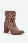 Botki Ażurowe Obcas Słupek Zamsz Ciemnobeżowe Lewski 3629