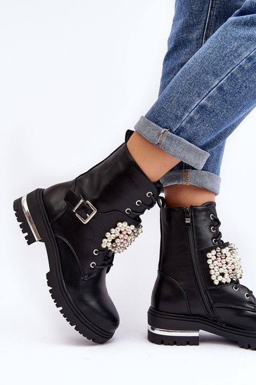 Lined Women's Work Boots Decorated Black Venizi