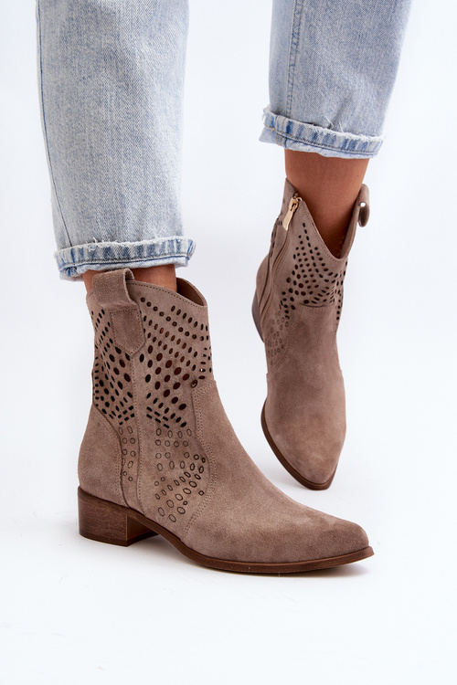 Botki Kowbojki Damskie Ażurowe Zamszowe Niski Obcas Cappucino Zazoo 3305/2