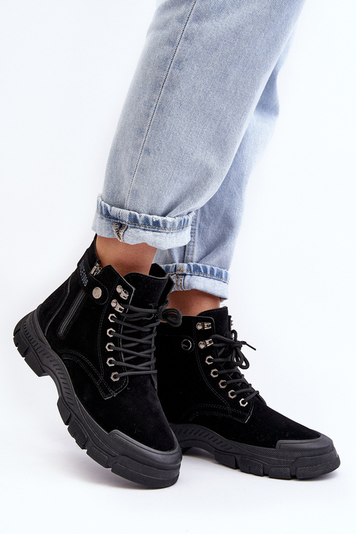 Women's Faux Suede Lined Lace-Up Ankle Boots Black Jailina