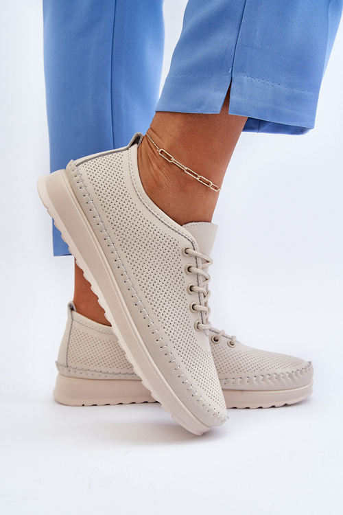 Sportowe Buty Trampki Damskie Skórzane Beżowe Lalnai