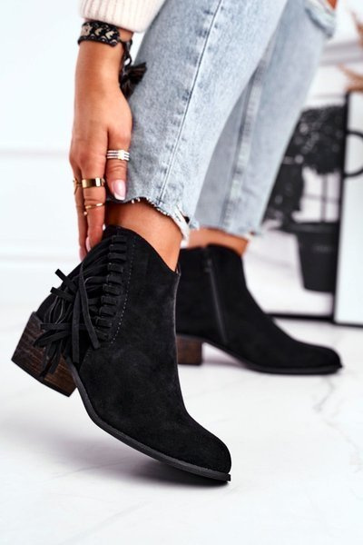 Botki Damskie Na Słupku Z Frędzlami Kowbojki Czarne Mirage