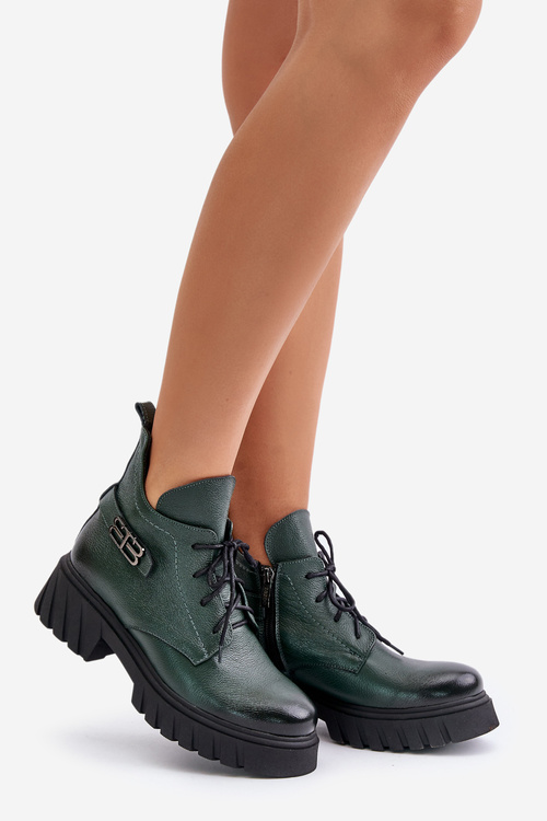 Zazoo 60483 Women's Leather Ankle Boots With Low Shaft Insulated Dark Green