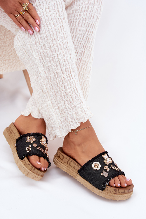 Women's Sandals With Golden Buckles On Platform Black Rigasta