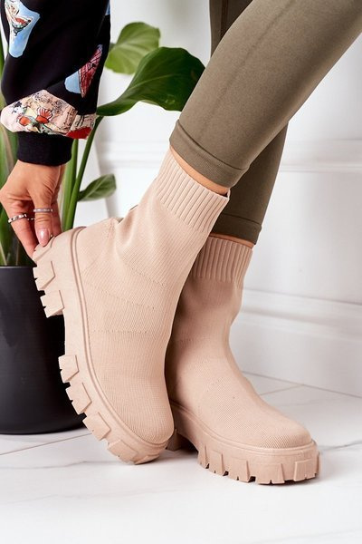 Elastic Fabric Boots On The Platform Beige Inspiration