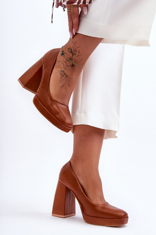 Czółenka Skóra Masywny Obcas Camel Rosalia N045