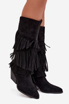 Heated Leather Cowboy Boots Women's With Fringes Black Brivina