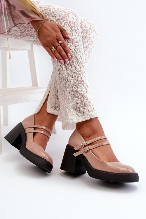 Czółenka Na Masywnym Obcasie Lakierowane Ciemnobeżowe Halmina