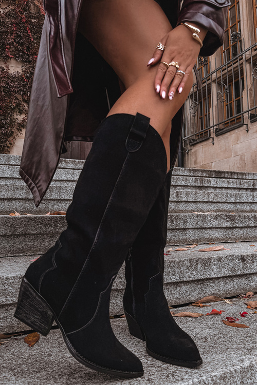 Kozaki Kowbojki Z Naturalnego Zamszu Obcas Ocieplane Czarne Urselle