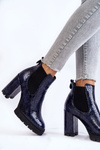 Lacquered boots Snake pattern on a post Navy blue Eldey