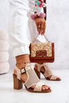 Openwork Sandals On A Block Heel Beige Hey Lover
