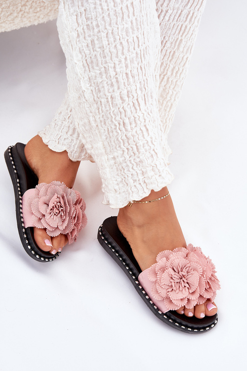 Ladies Slippers With Fabric Flowers Pink Elachase