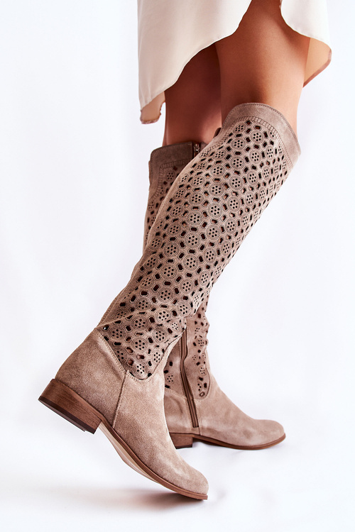 Openwork Suede High Boots Dark beige Pointe