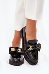 Mokasyny Damskie Lakierowane Kokardka i Ozdobna Broszka Czarne Leandriel