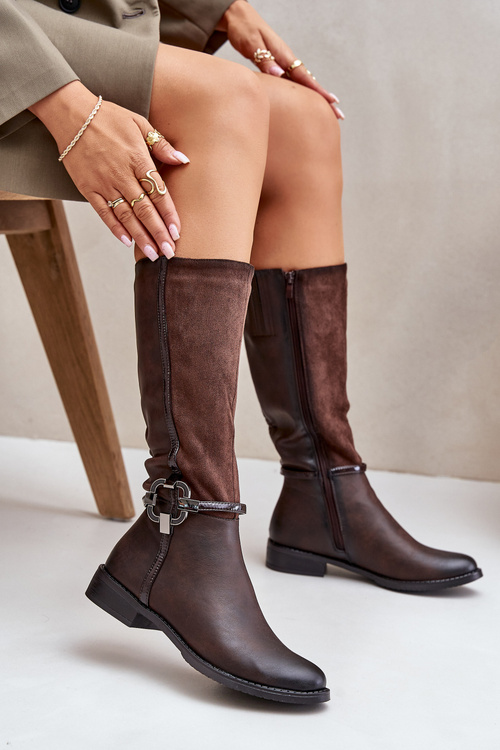 Insulated Boots On Flat Heel With Decorative Buckle Brown Leatharia