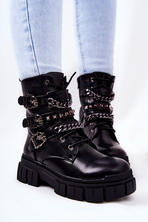 Tiered Boots with Chain Buckle Black Reiloy