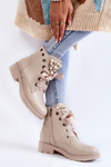 Leather, insulated boots with a zipper with pearls beige Raiso