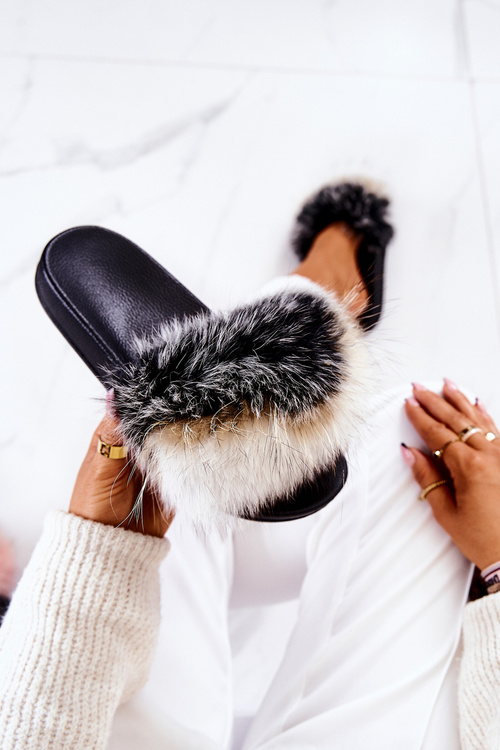 Slippers With Natural Fur Black and white Naturis