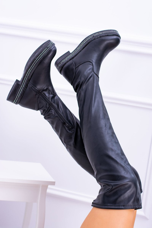 Damskie Płaskie Kozaki za Kolano Czarne Malata