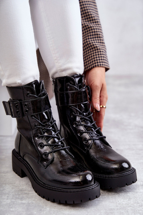 Women's Lace-up Laquered Flat Heel Boots Black Firmina