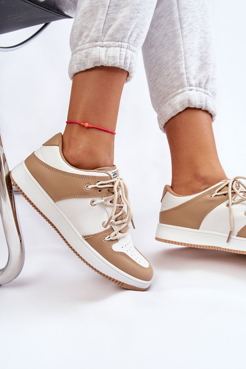 Buty Sportowe Damskie Klasyczne Podwójnie Sznurowane Biało-Beżowe Jella