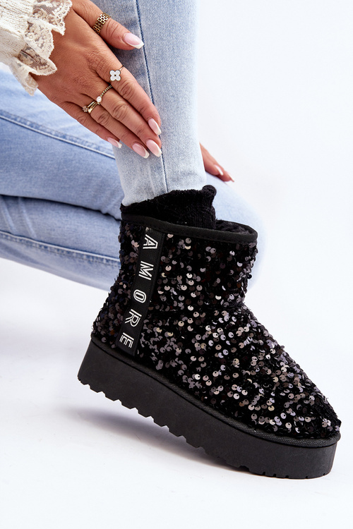 Women's Snow Boots On Platform Embellished With Rhinestones Black Silmo