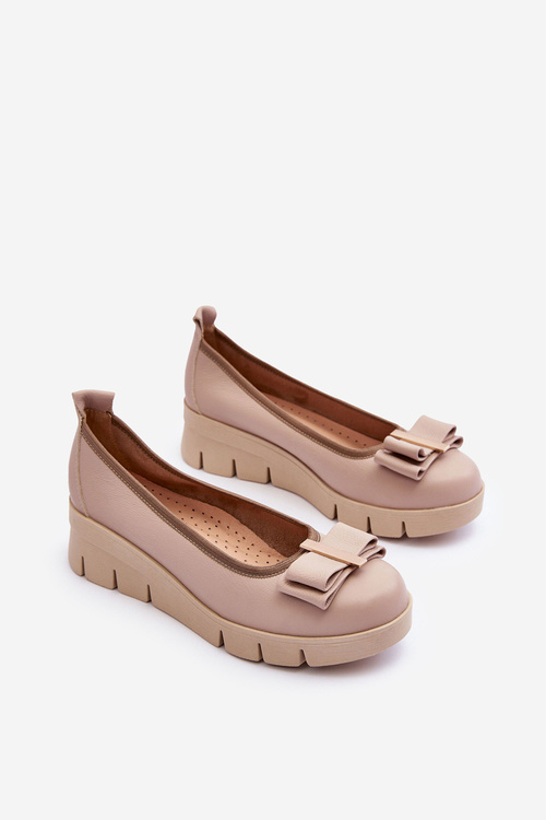 Leather Platform Ballet Flats with Ornament Beige Lewski 3384