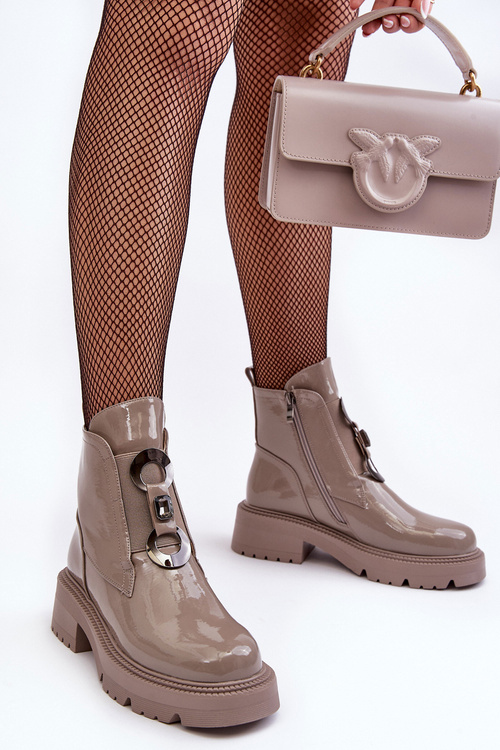 Botki Damskie Lakierowane Ozdoba S.Barski MR870-53 Beżowe