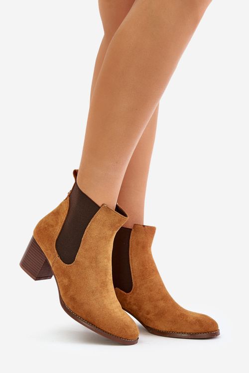 Chunky Heeled Ankle Boots Made of Eco Suede Camel Sinirae