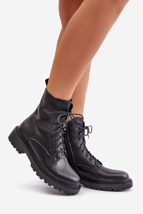 Leather Ankle Boots Workers Insulated With Zipper Black Elosie