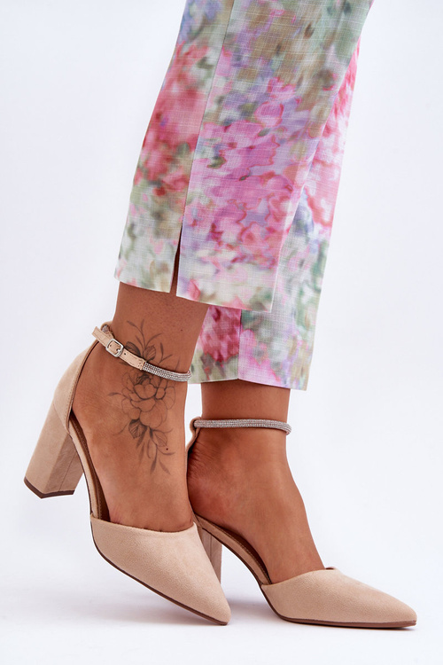 Suede Pumps with Rhinestones Beige Diamond