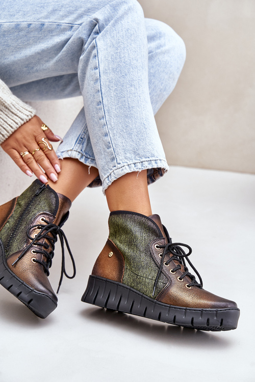 Botki Skóra Naturalna Platforma Koturn Zielono-Złote Maciejka 06702-09