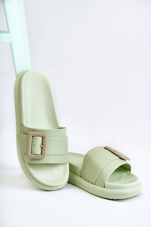 Women's Leather Slippers With A Buckle Green Devia