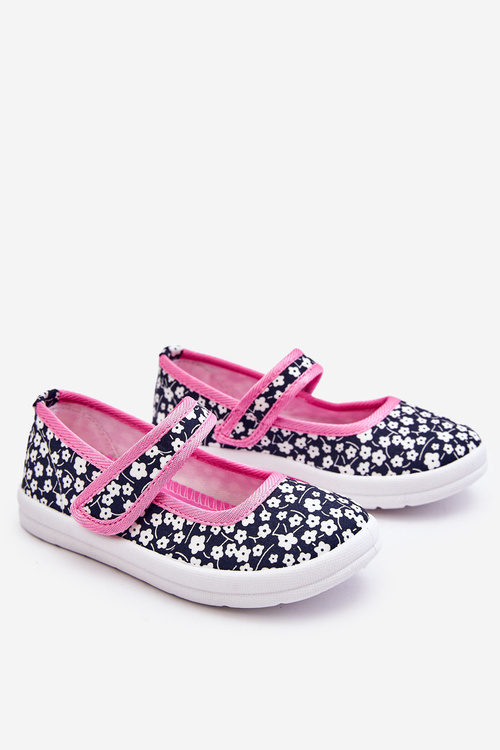 Children's Velcro Ballerinas In Print Navy Blue And Pink Selah