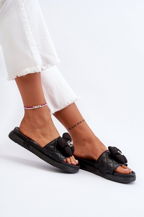 Women's Slides with Ornament on Low Platform Black Cedrella