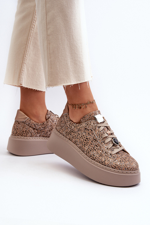 Buty Sportowe Skóra Platforma Maciejka 06191-10 Beżowe