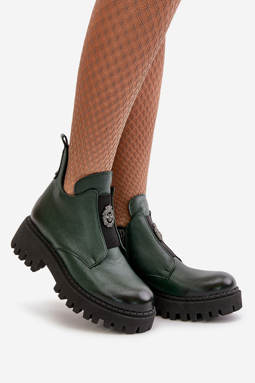 Zazoo 60451 Women's Leather Ankle Boots With Decoration Dark Green