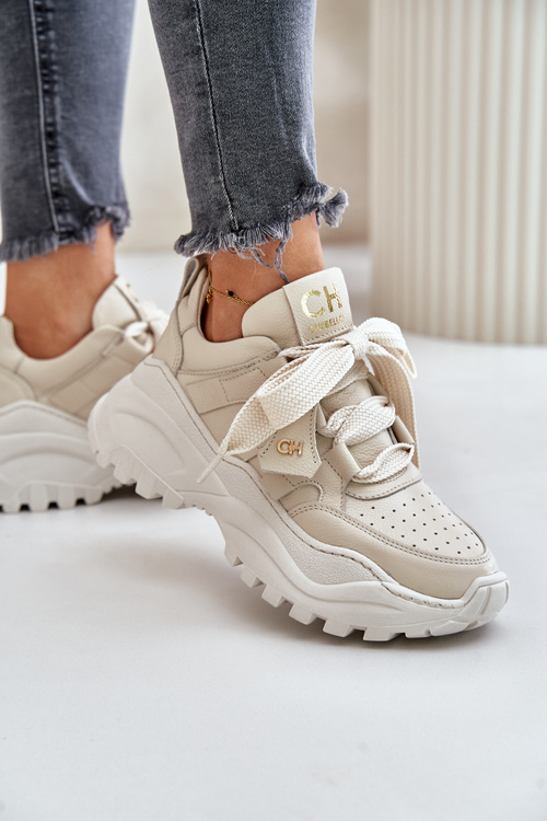 Skórzane Sneakersy Damskie CheBello 4583 Beżowe
