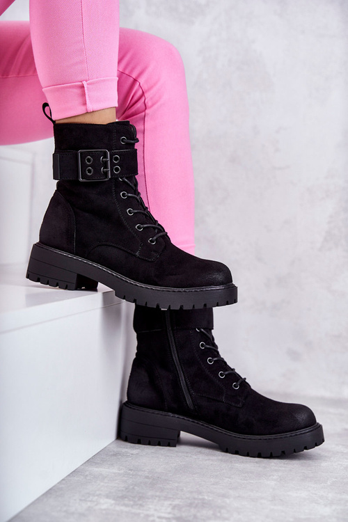 Botki Damskie Sznurowane Zamsz Płaski Obcasi Czarne Firmina