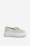 Leather Women's Moccasins On Platform With Golden Decoration 89105 Vinceza Light Beige