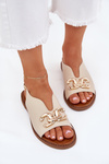 Women Sandals Flat Heel With Golden Decoration Beige Amelira